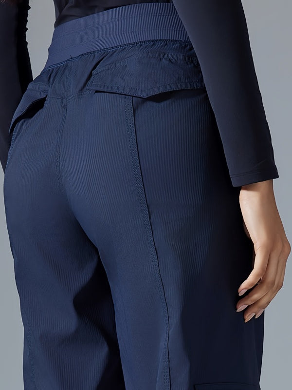 Flexvibe High Waisted Straight Leg Cargo Pants - Drawstring Waist Flip-Top Pockets 4-Way Stretch