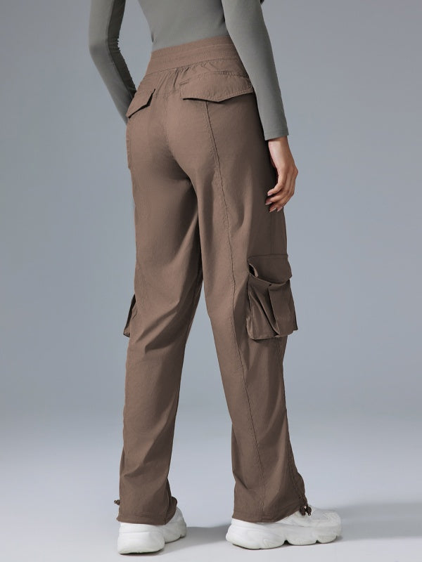 Flexvibe High Waisted Straight Leg Cargo Pants - Drawstring Waist Flip-Top Pockets 4-Way Stretch