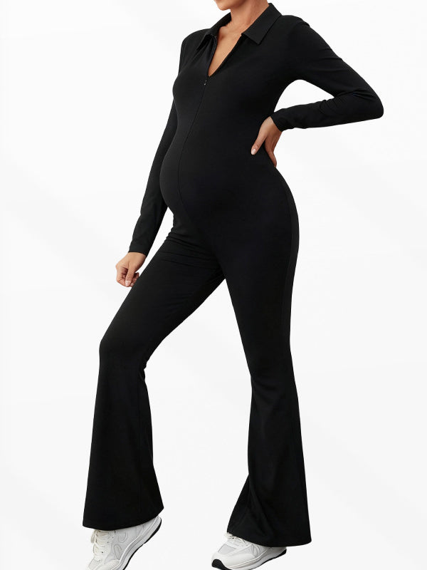 Flexvibe Maternity Zip V-Neck Jumpsuit - Tummy Support High Elastic Comfortable Pregnancy Wear
