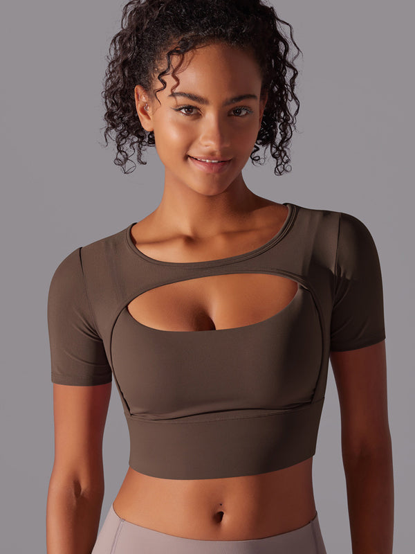 Flexvibe Color-Block Mesh Sports Top - Double-Layer High Elastic Sweat-Wicking Short Sleeve