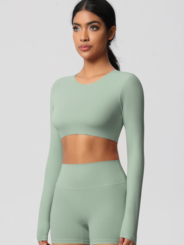 Flexvibe Double-Sided Brushed Cropped Sports Top - High Elastic Skin-Friendly Breathable Long Sleeve