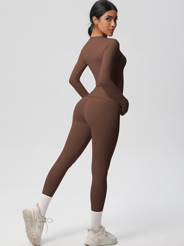 Flexvibe Stretchy High-Waisted Yoga Set - Double Brushed Long-Sleeve Versatile Athletic Wear