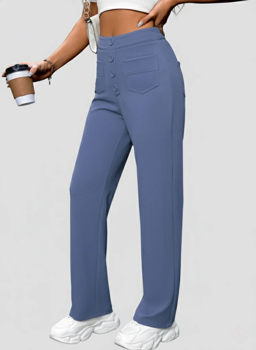 Flexvibe High-Waisted Straight-Leg Wide-Leg Pants - Button Embellished Loose Casual Trousers