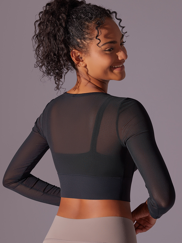 Flexvibe Mesh Semi-Transparent Paneled Sports Top - Tight Fitting Stretchy Breathable Long Sleeve