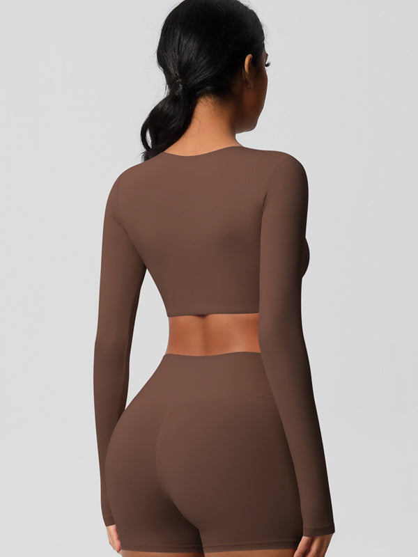 Flexvibe Double-Sided Brushed Cropped Sports Top - High Elastic Skin-Friendly Breathable Long Sleeve