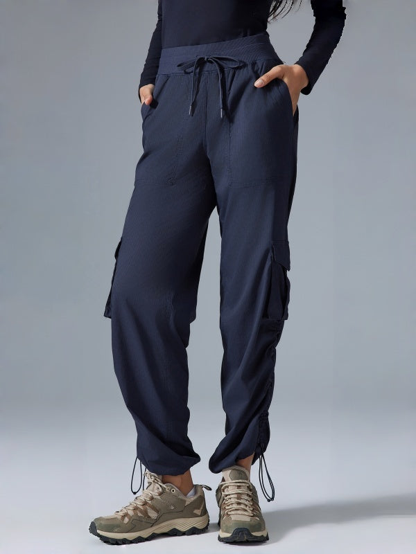 Flexvibe High Waisted Straight Leg Cargo Pants - Drawstring Waist Flip-Top Pockets 4-Way Stretch