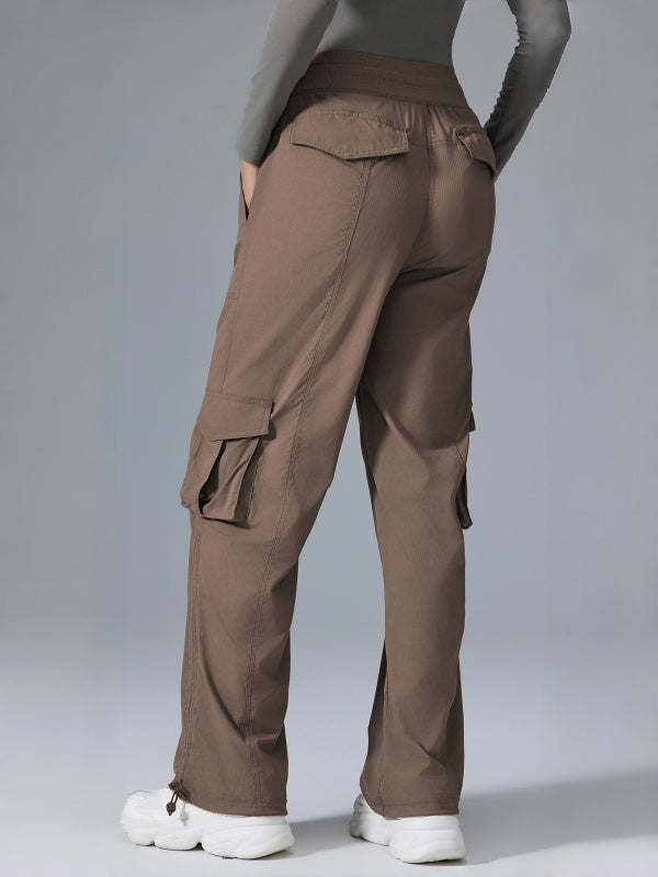 Flexvibe High Waisted Straight Leg Cargo Pants - Drawstring Waist Flip-Top Pockets 4-Way Stretch