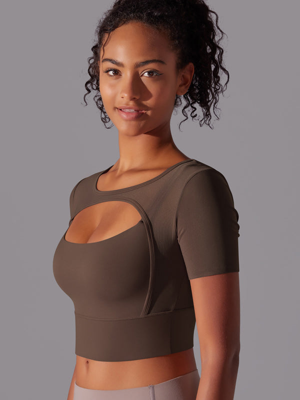 Flexvibe Color-Block Mesh Sports Top - Double-Layer High Elastic Sweat-Wicking Short Sleeve