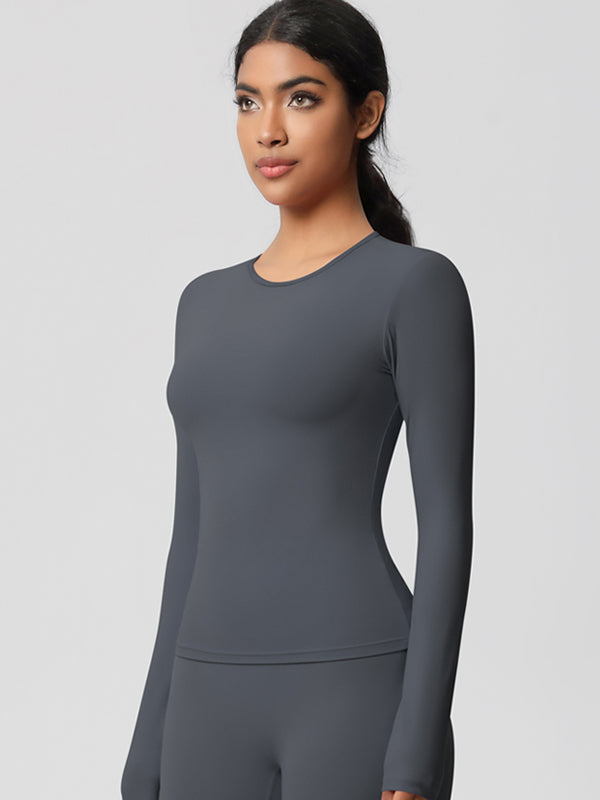 Flexvibe Double-Sided Brushed Sports Top - Tight Fit Moisture-Wicking Solid Color Long Sleeve