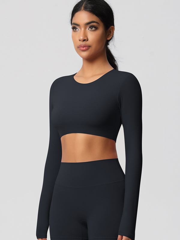 Flexvibe Double-Sided Brushed Cropped Sports Top - High Elastic Skin-Friendly Breathable Long Sleeve