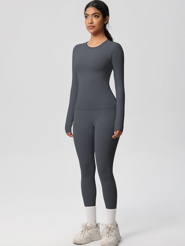 Flexvibe Stretchy High-Waisted Yoga Set - Double Brushed Long-Sleeve Versatile Athletic Wear
