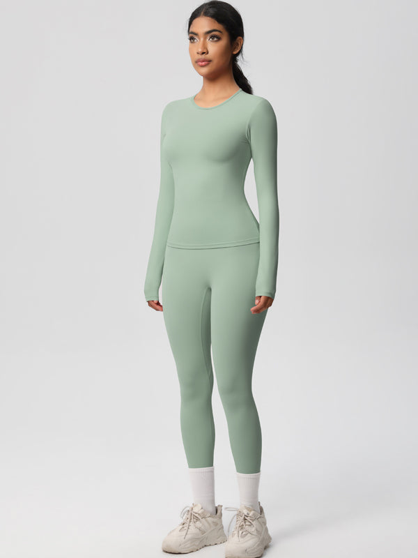 Flexvibe Stretchy High-Waisted Yoga Set - Double Brushed Long-Sleeve Versatile Athletic Wear