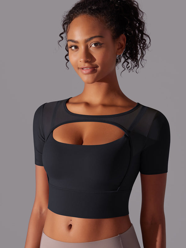 Flexvibe Color-Block Mesh Sports Top - Double-Layer High Elastic Sweat-Wicking Short Sleeve