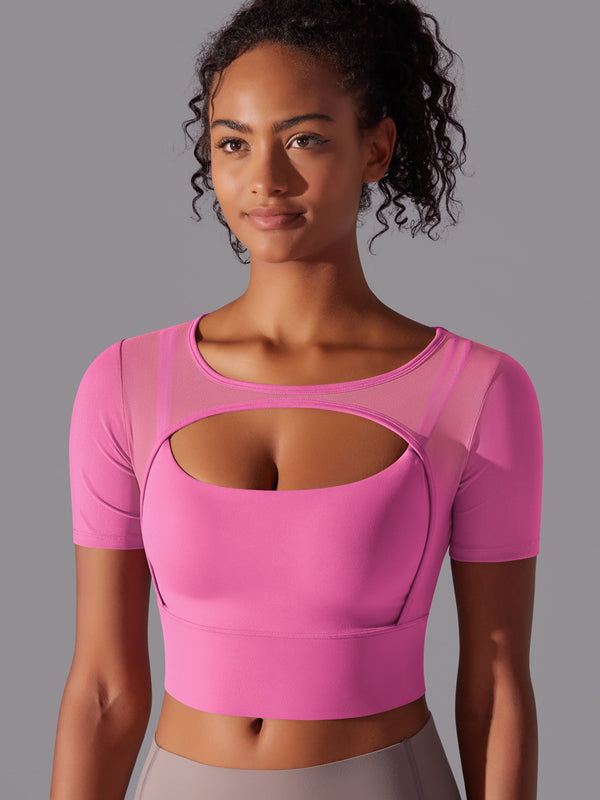 Flexvibe Color-Block Mesh Sports Top - Double-Layer High Elastic Sweat-Wicking Short Sleeve