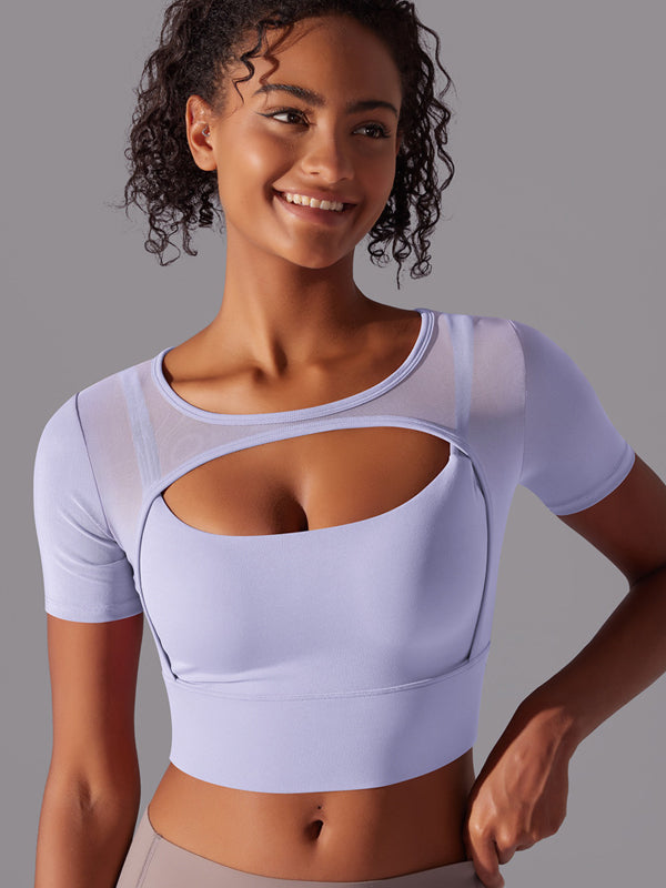 Flexvibe Color-Block Mesh Sports Top - Double-Layer High Elastic Sweat-Wicking Short Sleeve