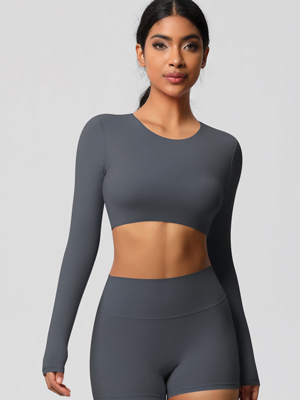 Flexvibe Double-Sided Brushed Cropped Sports Top - High Elastic Skin-Friendly Breathable Long Sleeve