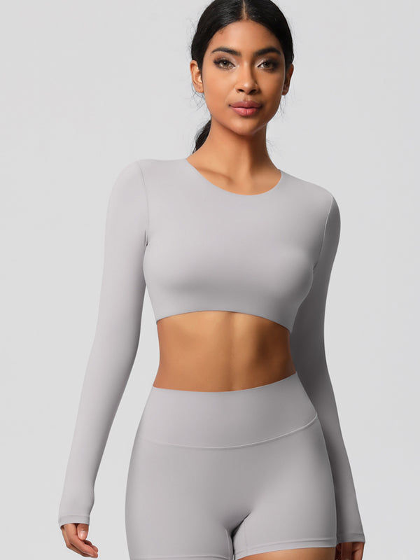 Flexvibe Double-Sided Brushed Cropped Sports Top - High Elastic Skin-Friendly Breathable Long Sleeve