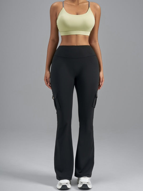 Flexvibe High Waisted Butt Lifting Brushed Cargo Flare Yoga Pants - Moisture Wicking with Pockets