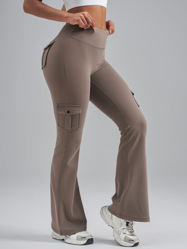 Flexvibe High Waisted Butt Lifting Brushed Cargo Flare Yoga Pants - Moisture Wicking with Pockets