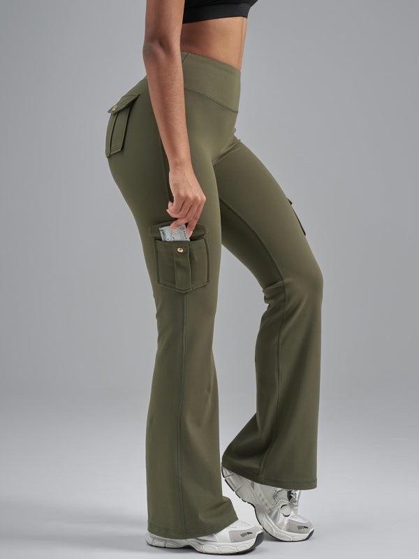 Flexvibe High Waisted Butt Lifting Brushed Cargo Flare Yoga Pants - Moisture Wicking with Pockets