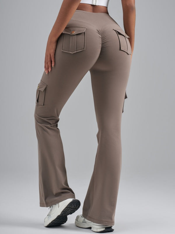 Flexvibe High Waisted Butt Lifting Brushed Cargo Flare Yoga Pants - Moisture Wicking with Pockets