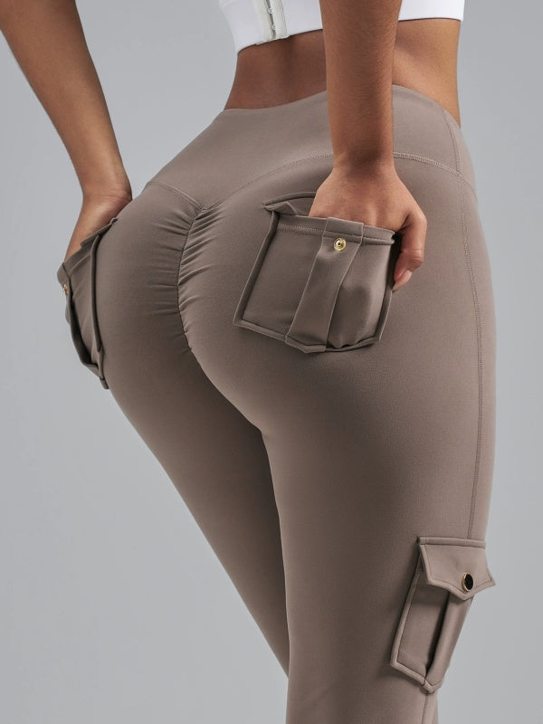 Flexvibe High Waisted Butt Lifting Brushed Cargo Flare Yoga Pants - Moisture Wicking with Pockets