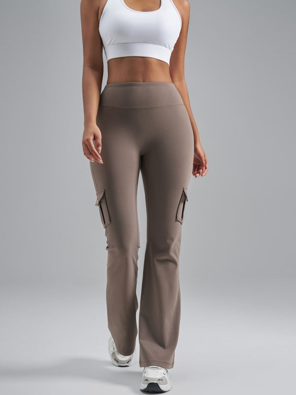 Flexvibe High Waisted Butt Lifting Brushed Cargo Flare Yoga Pants - Moisture Wicking with Pockets