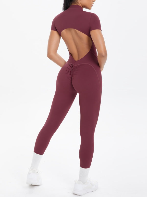 Flexvibe Open-Collar Zip Backless Gym Bodysuit - Stretchy Breathable Moisture-Wicking Wear