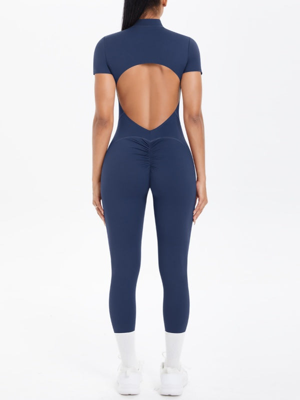 Flexvibe Open-Collar Zip Backless Gym Bodysuit - Stretchy Breathable Moisture-Wicking Wear