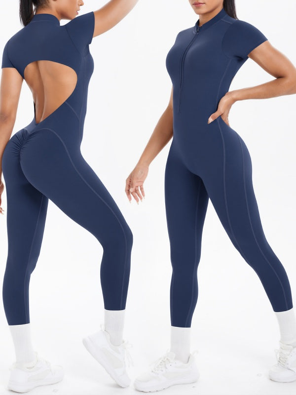 Flexvibe Open-Collar Zip Backless Gym Bodysuit - Stretchy Breathable Moisture-Wicking Wear