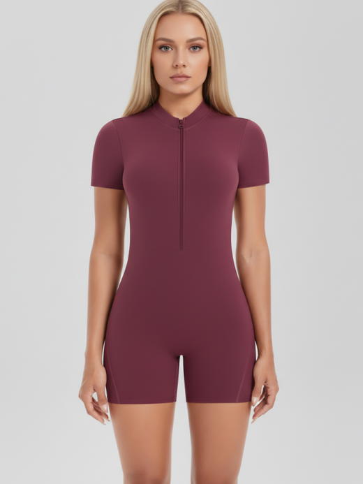 Flexvibe Hollow-Out Backless Jumpsuit | Short Sleeve, Zip, Padded Cup, Peach Hip, 4 Colors, S–XL