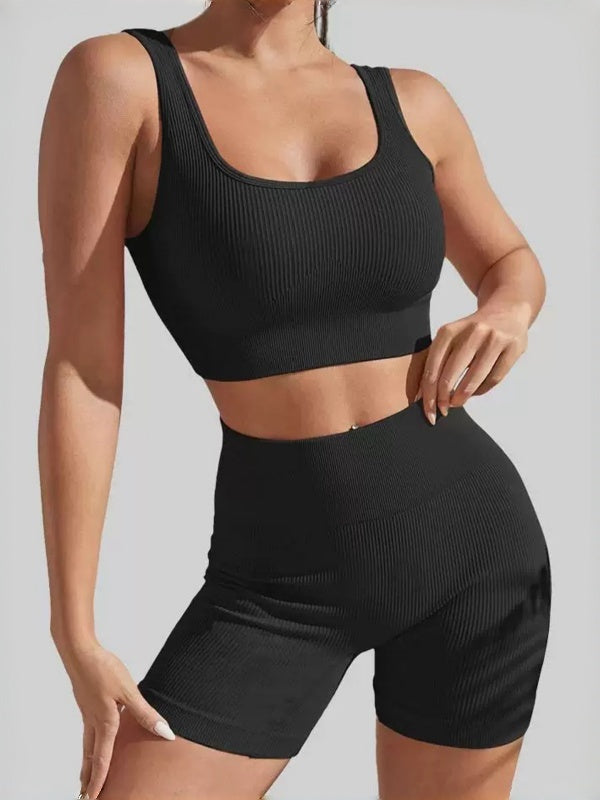 Flexvibe Ribbed Bra High-Waist Short Yoga Set - Stretchy Supportive Moisture-Wicking Activewear