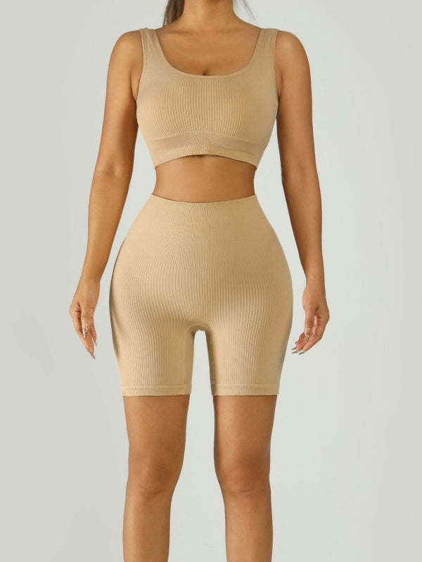 Flexvibe Ribbed Bra High-Waist Short Yoga Set - Stretchy Supportive Moisture-Wicking Activewear