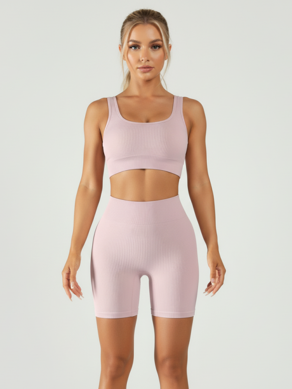 Flexvibe Ribbed Bra High-Waist Short Yoga Set - Stretchy Supportive Moisture-Wicking Activewear