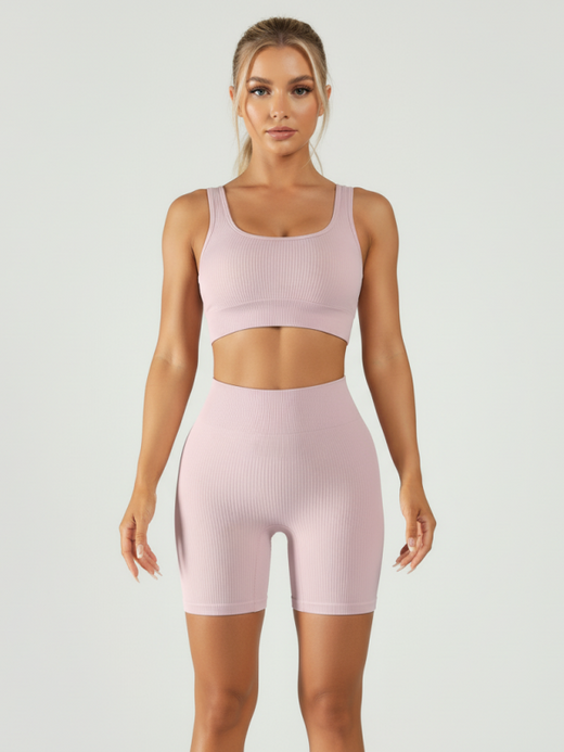 Flexvibe Ribbed Sports Bra & High-Waist Short Yoga Set | Stretchy, M–XL, 8 Colors