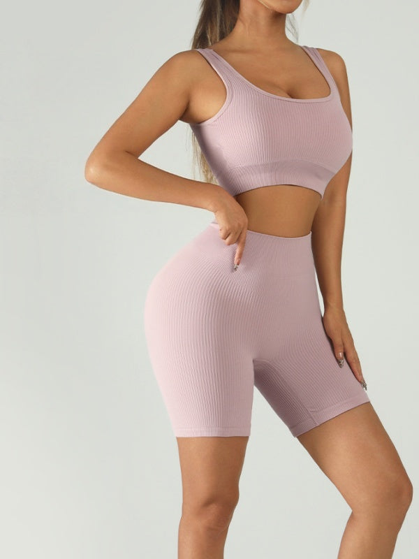 Flexvibe Ribbed Bra High-Waist Short Yoga Set - Stretchy Supportive Moisture-Wicking Activewear