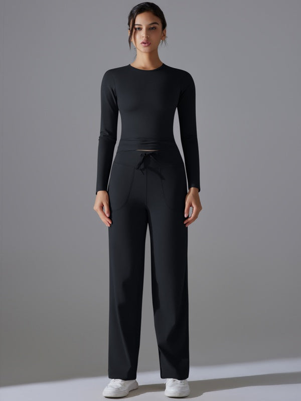Flexvibe Stretchy Drawstring Wide-Leg Pants Set - Skin-Friendly Long-Sleeve Versatile Athletic Wear