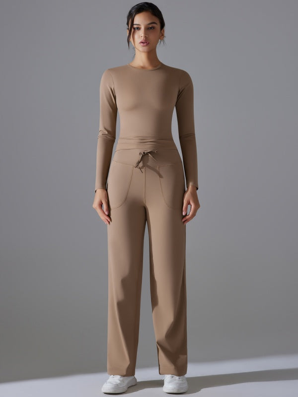 Flexvibe Stretchy Drawstring Wide-Leg Pants Set - Skin-Friendly Long-Sleeve Versatile Athletic Wear
