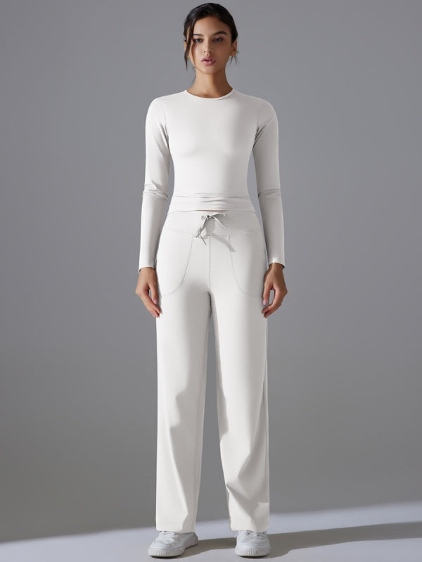 Flexvibe Stretchy Drawstring Wide-Leg Pants Set - Skin-Friendly Long-Sleeve Versatile Athletic Wear