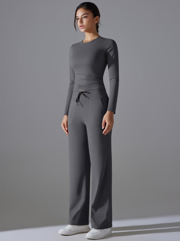 Flexvibe Stretchy Drawstring Wide-Leg Pants Set - Skin-Friendly Long-Sleeve Versatile Athletic Wear