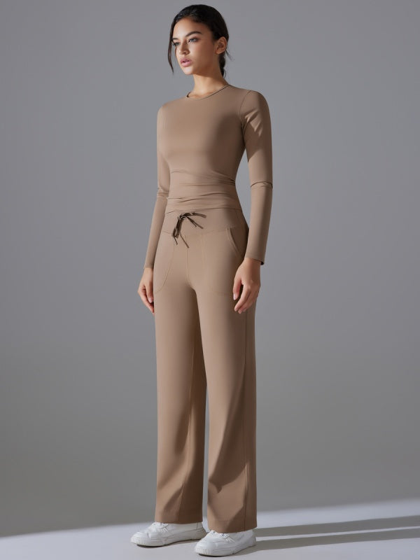 Flexvibe Stretchy Drawstring Wide-Leg Pants Set - Skin-Friendly Long-Sleeve Versatile Athletic Wear