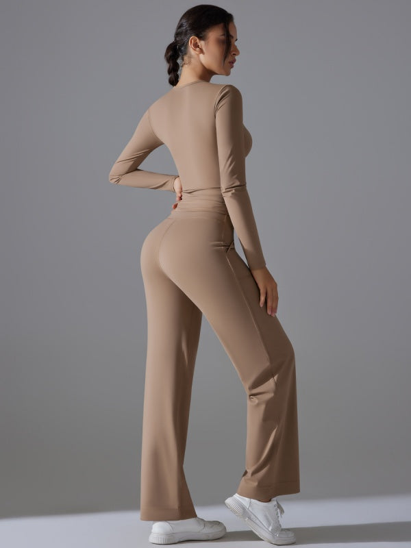 Flexvibe Stretchy Drawstring Wide-Leg Pants Set - Skin-Friendly Long-Sleeve Versatile Athletic Wear
