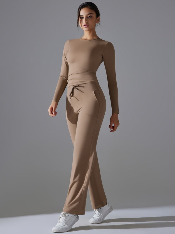 Flexvibe Stretchy Drawstring Wide-Leg Pants Set - Skin-Friendly Long-Sleeve Versatile Athletic Wear