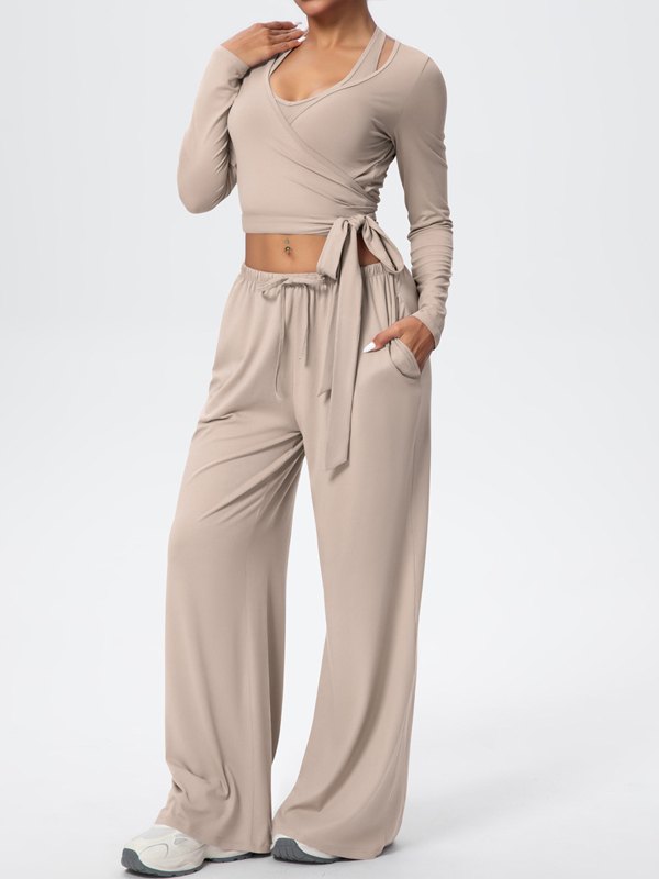 Flexvibe Soft Tie Wrap 3-Piece Activewear Set in Beige