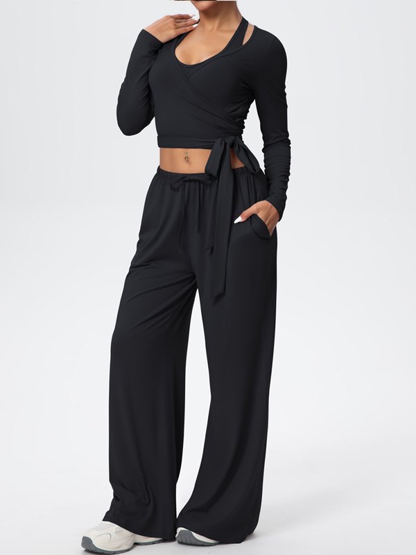 Flexvibe Soft Tie Wrap 3-Piece Activewear Set in Black