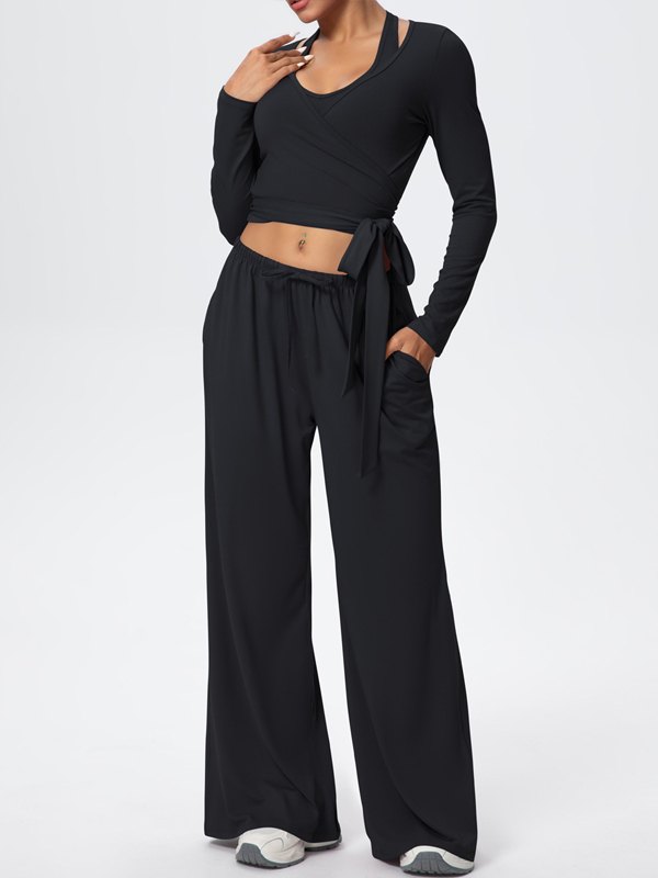 Flexvibe Soft Tie Wrap 3-Piece Activewear Set in Black