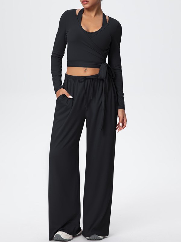 Flexvibe Soft Tie Wrap 3-Piece Activewear Set in Black