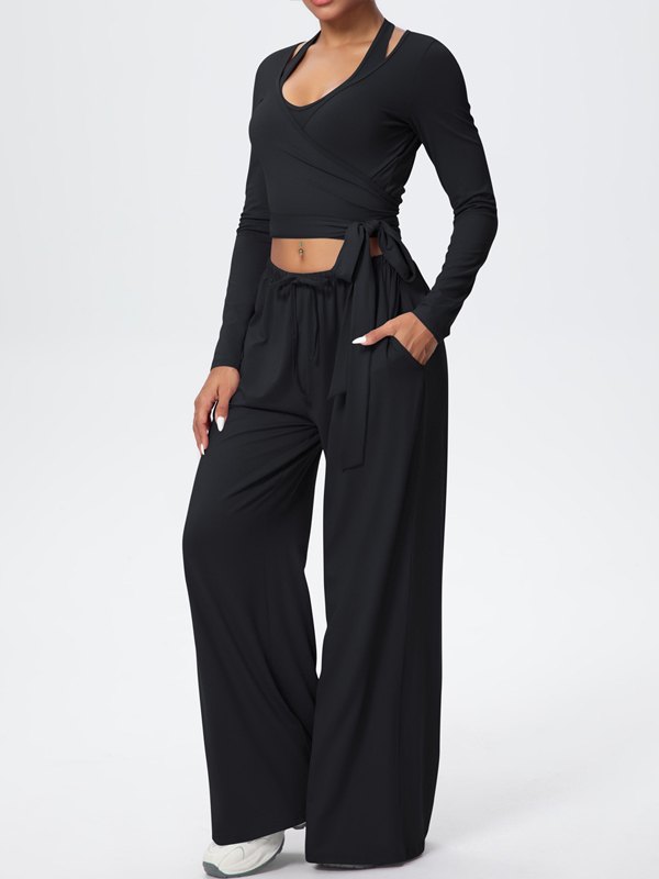 Flexvibe Soft Tie Wrap 3-Piece Activewear Set in Black