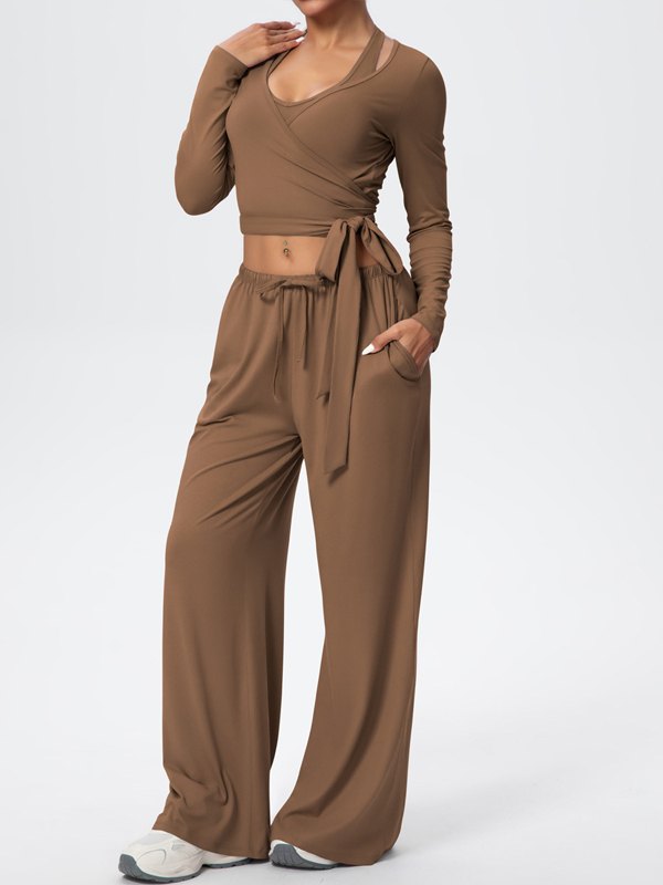 Flexvibe Soft Tie Wrap 3-Piece Activewear Set in Brown