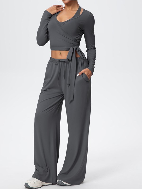 Flexvibe Soft Tie Wrap 3-Piece Activewear Set in Gray